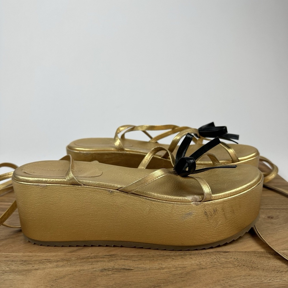 Womens Molly Goddard Gold Amalia Leather Platform Strappy Bow‎ Sandals Size 9 M